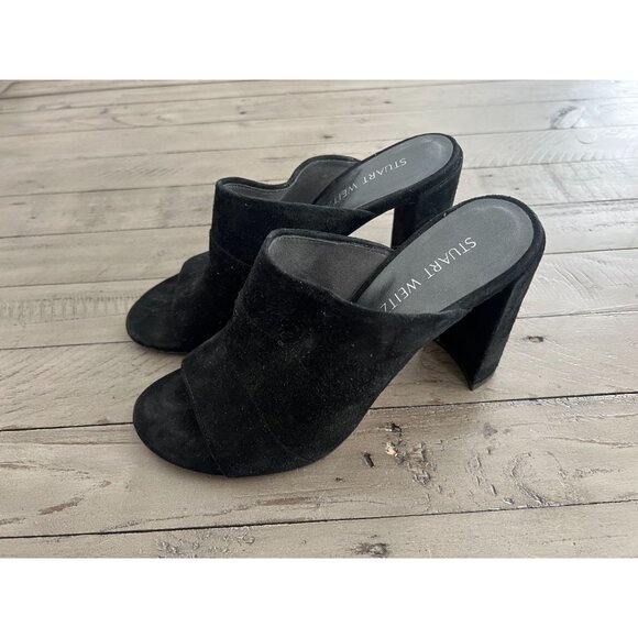 Stuart Weitzman Black Suede Sequel Open Toe Heeled Mule Sandal Size 7 - Picture 2 of 9